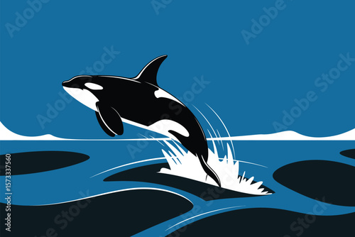Orca leaping from ocean waters, an artistic depiction of wildlife in black and white against a blue background.