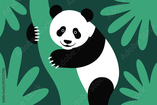 Adorable panda holding onto bamboo tree amidst stylized greenery in a delightful illustrative wildlife scene.