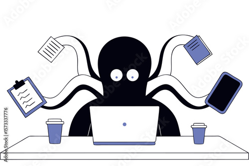 Cute octopus with multiple tentacles holding files, multitasking concept, vector illustration, fun productivity theme