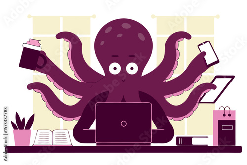Playful octopus businessman juggling tasks, multiple arms holding phone, documents and coffee, office productivity humor, cartoon vector illustration