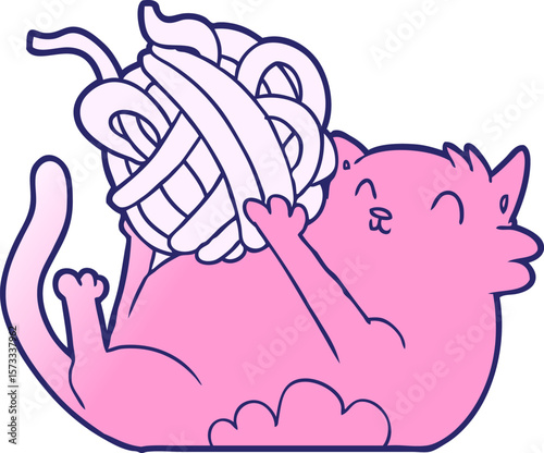 cartoon cat playing with ball of string in bright neon color
