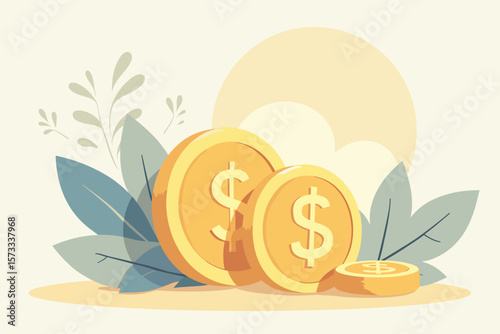 Gold coins with dollar signs sitting among green leaves in a serene setting