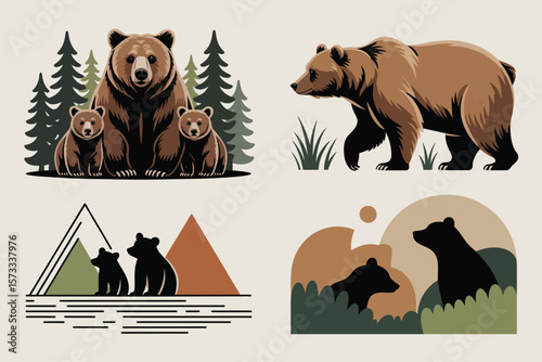 Artistic representations depict wild bears and cubs in various natural habitats and design layouts