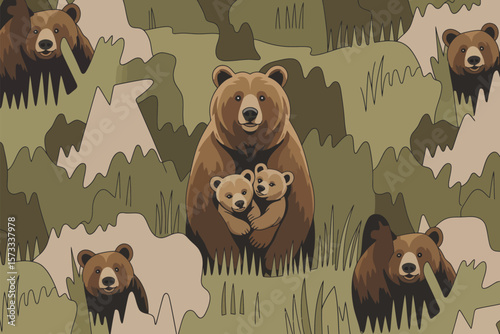 Beautiful seamless repeating pattern featuring mother bear holding her cubs in a camouflage background.