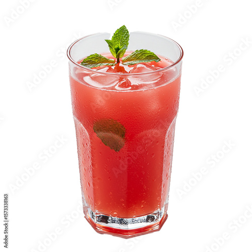 Refreshing watermelon juice in a glass with ice and mint on a white background  