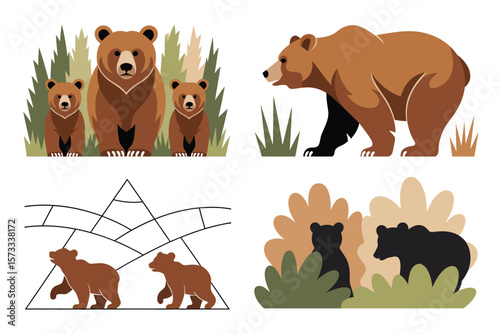 Four different scenes depict various brown bear families in their natural habitats with surrounding green landscapes.