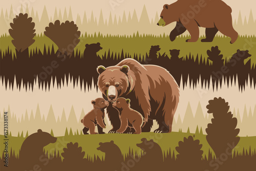 A brown bear illustration featuring cubs in a forest, showcasing wildlife and nature themes with a cartoon animal design.