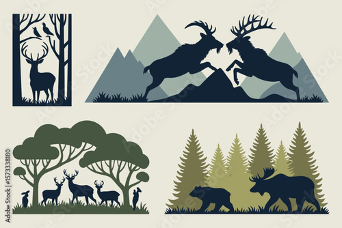 Wildlife silhouettes present a collection of wild animals in their natural habitat of forest, mountains, trees and plains.