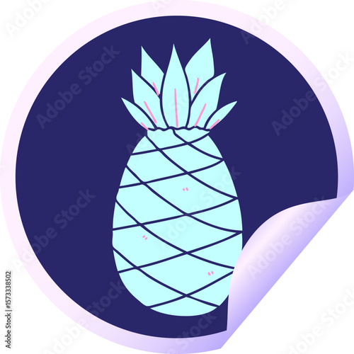 circular peeling sticker quirky cartoon pineapple in bright neon color