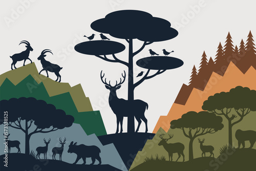 Wildlife scene with diverse animal silhouettes against a backdrop of mountains and trees, creating a nature illustration.