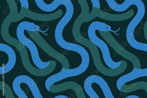 Seamless pattern with stylized blue and green snakes on a dark background creating a reptile inspired texture.