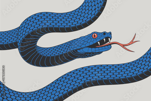 Stunning blue viper illustration with striking red eyes and forked tongue on a subtle gray background.