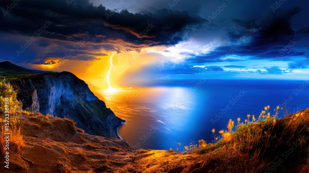 Naklejka premium Dramatic lightning storm illuminates horizon over Black Sea, contrasting with vibrant blue sky and rugged high cliffs. scene is vibrant and awe inspiring, showcasing nature raw power and beauty