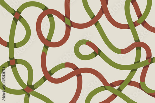 Artistic arrangement of interwoven, winding and looping green and brown lines on a neutral background creates an abstract art piece.