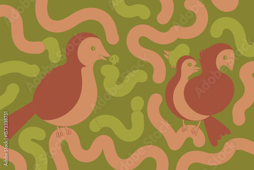Birds family illustration is shown on an olive green background with various shades of brown, artistic and fun.
