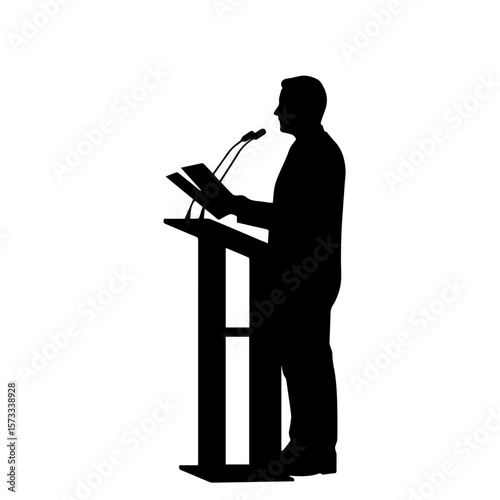 Silhouette of a speaker at podium, giving public address to audience. Public address showcases presenter sharing knowledge at convention with microphone, book. Public address at corporate event,