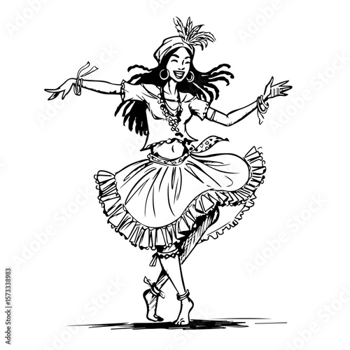 Dancing woman in vintage outfit with her hands up in isolated sketch style. Dancing woman is smiling and enjoying the musical event.