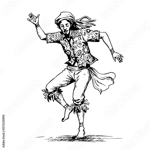Dancing man sketch is a hand-drawn illustration of a man enjoying dance. Dancing man sketch includes a man wearing traditional clothes with a scarf and a hat, frozen in the midst of movement.