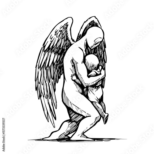 Angel holds child in comforting embrace drawn in monochrome style. This Angel, wings spread protectively, holds child in gentle, comforting hug, a heartwarming depiction of care and safety.