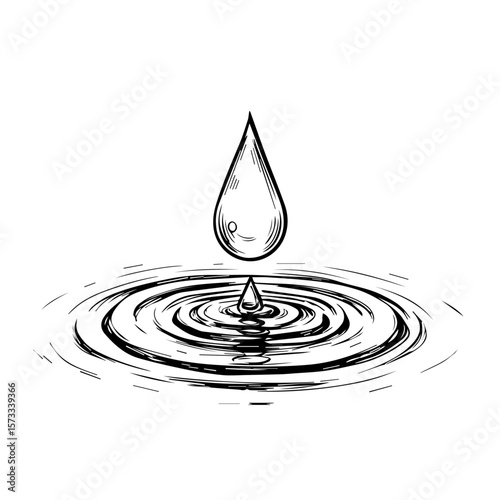 Single water drop falls into water, creating ripples in a hand drawn illustration. Depicting a single water drop, water rings spread out as the drop pierces surface.