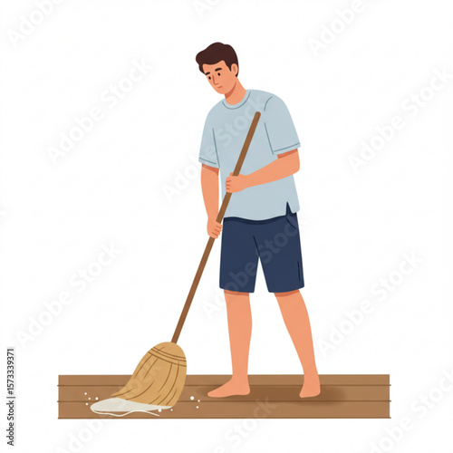 Man sweeping spilled substance on a wooden floor with a broom.