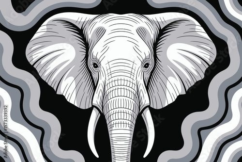 Graceful elephant artwork presents a captivating monochrome illustration of a regal African mammal with intricate details and wavy decorations.