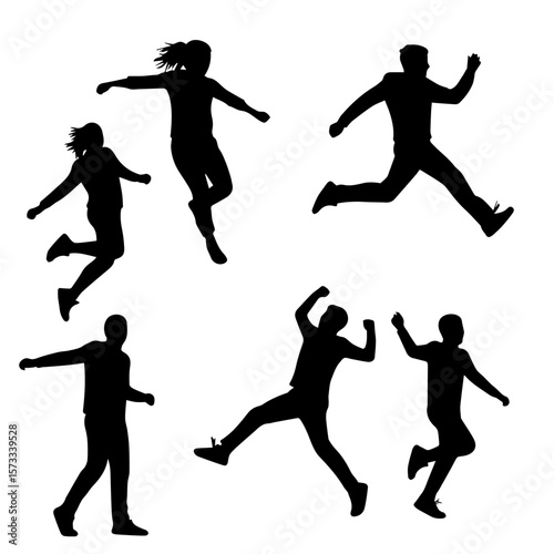 Silhouette jumping illustration with various figures in dynamic poses captured on white. Silhouette jumping evokes freedom and athleticism through expressive body language,