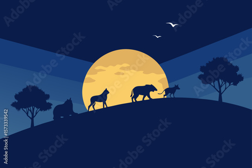 animals walking over hill at dusk