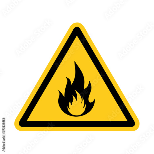 A yellow triangle danger sign with a flammable symbol isolated on white background