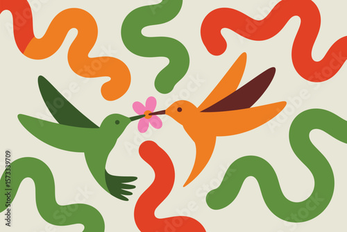 A playful illustration shows two hummingbirds sharing a pink flower amongst colorful, curving lines and a light background.