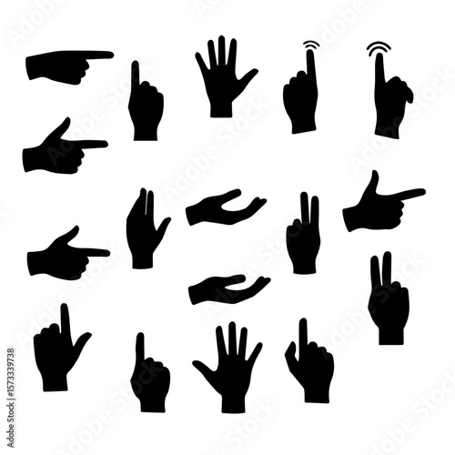 Diverse hand gestures depicted in black silhouettes against white background, showcasing various hand gestures. Assorted hand gestures show a diverse range of communicative signals and expressions.