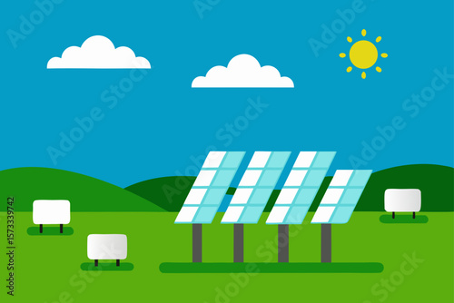 solar panels on green field with sheep grazing bel