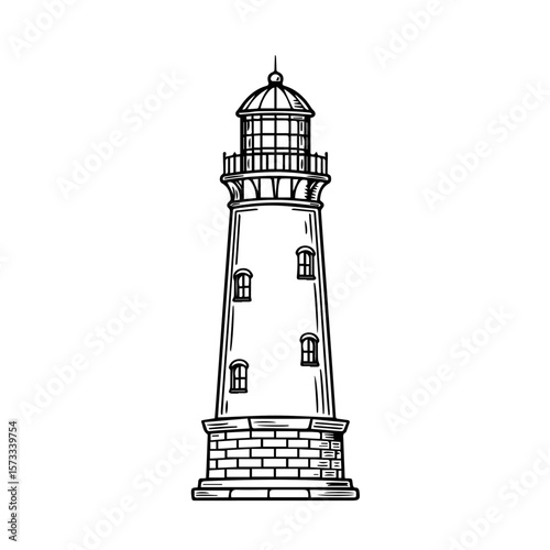 Lighthouse drawing with architectural structure and vintage nautical charm. Detailed lighthouse depiction evokes marine safety and guidance.