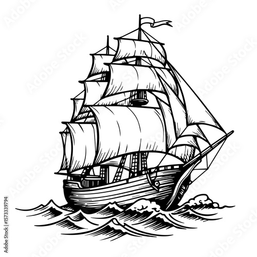 Ship on water in detailed drawing with sails and ropes, creating vintage ship sailing illustration. Depicting ship on water traveling on ocean waves with historic vessel.