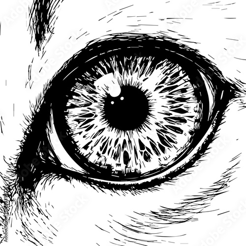 Close-up of feline eye in simple drawing style. Feline eye rendered with detailed irises and fur, focusing on the intensity of the gaze. Striking feline eye suitable for graphic design projects,
