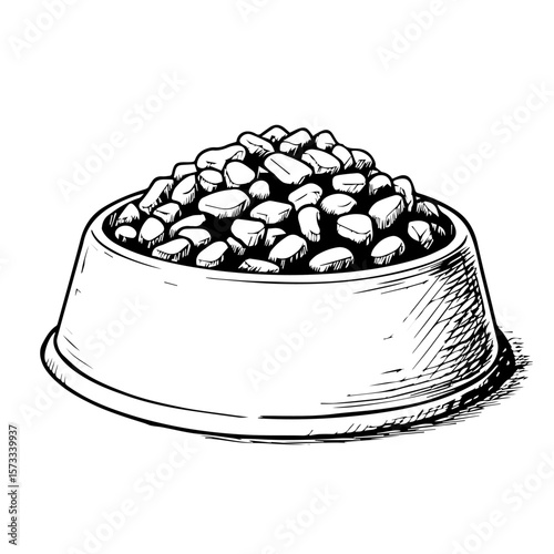 Bowl with pet food in monochromatic sketch, offering a simple illustration. Bowl with pet food displayed in minimalist, sketchy style is nutritious, tasty and palatable,