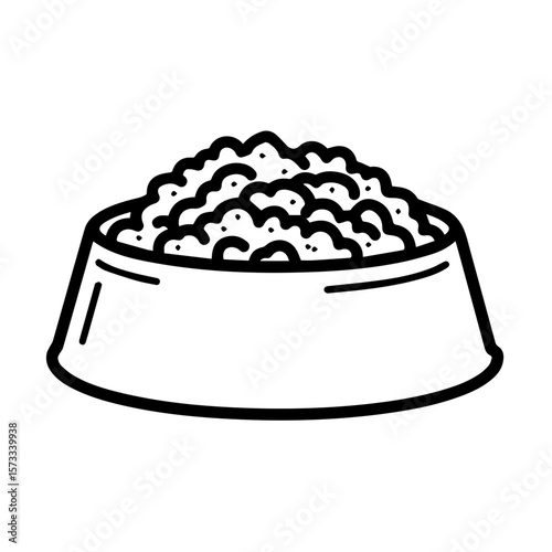 Simple dog food bowl filled with kibble, clean pet dish with nutritious meal. Dog food bowl for healthy pet. Ideal dog food bowl imagery for pet supply store marketing, blog content,