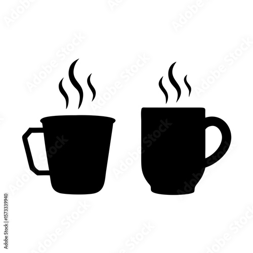 Two black silhouette mugs with steam isolated on white background, representing hot beverages