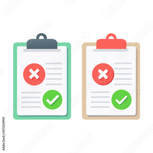 Two clipboards with check marks and crosses isolated on white background, representing approval and rejection