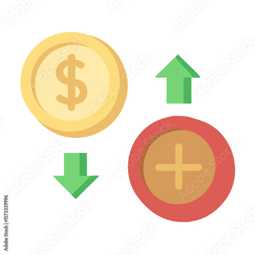 A dollar coin with arrows and a plus sign isolated on white background, representing financial growth