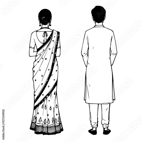 Line art illustration of Indian couple, man and woman, from behind, woman in saree, man in kurta. Indian couple with traditional attire for social media use and presentations.