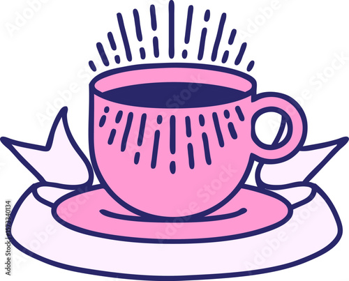 traditional tattoo with banner of cup of coffee in bright neon color