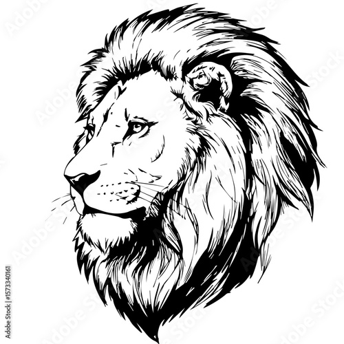 Majestic lion head illustration, striking wild animal artwork on plain background. Lion head artwork showcases detailed mane and regal expression.