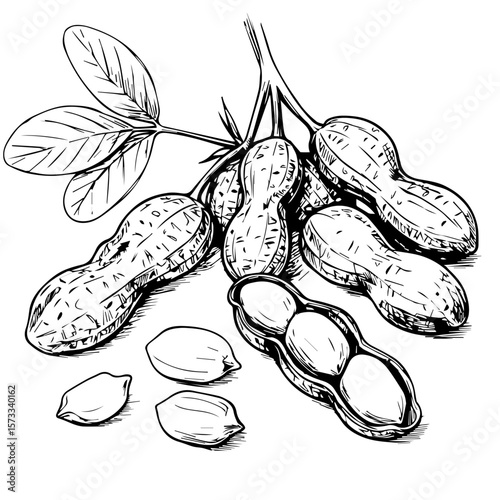 Peanut botanical illustration shows shelled and unshelled arachis hypogaea with leaves. Vintage peanut botanical illustration presents a detailed sketch, perfect for educational content,