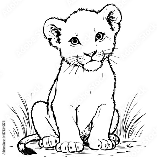 Line art of cute lion cub for coloring, sitting amidst grass. This adorable lion cub graphic is perfect for children's activities.