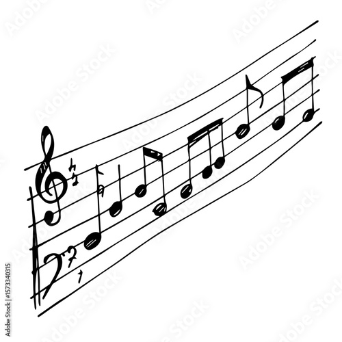Hand-drawn musical notes on a staff create a lyrical, flowing musical notes arrangement. Musical notes cascade down the staff, suggesting music sheet, musical score,