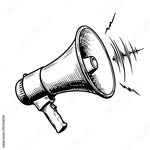 Hand drawn megaphone illustration, featuring retro public address speaker and hatching style.