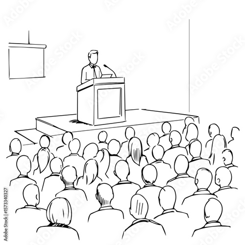 Conference drawing depicts speaker giving presentation on stage, addressing large crowd. Conference drawing shows stage, projection screen, and faceless audience in auditorium.