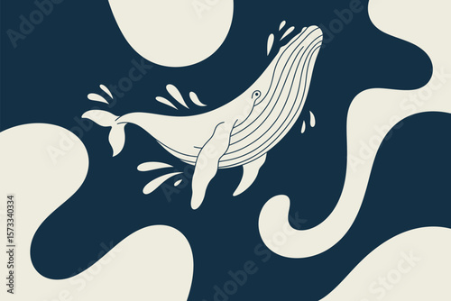 Graceful whale soars through the deep blue ocean, a minimalist design perfect for backgrounds or creative projects.