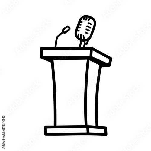 Isolated lecture podium with retro microphone, a simple stage presence for public speaking. Lecture podium, with vintage microphone equipment, highlights communication and presentations.